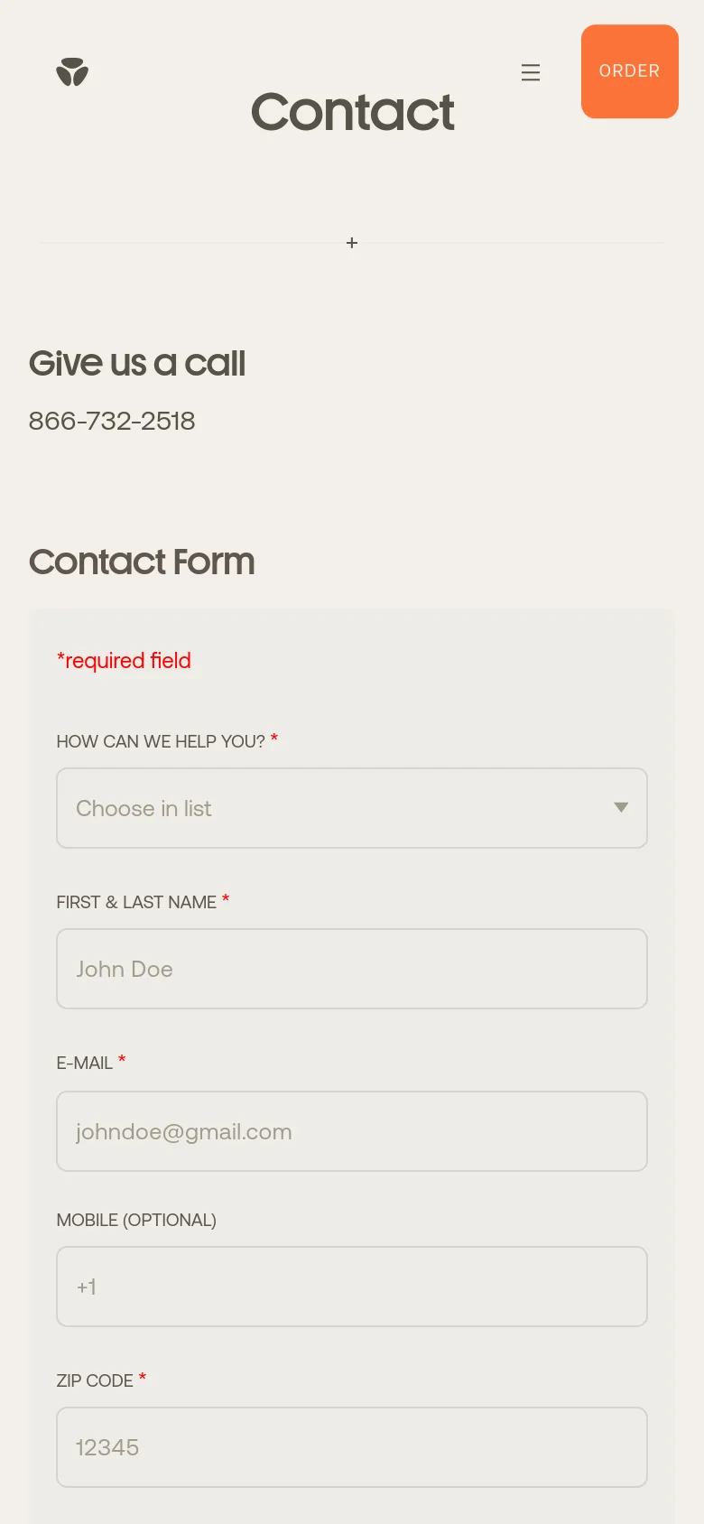 The mobile version maintains the minimalist cream and dark gray aesthetic but stacks the content vertically for easier scrolling. The header remains compact with the logo, a hamburger menu icon, and the orange 'ORDER' button, while the contact form fields expand to fill the width of the screen.