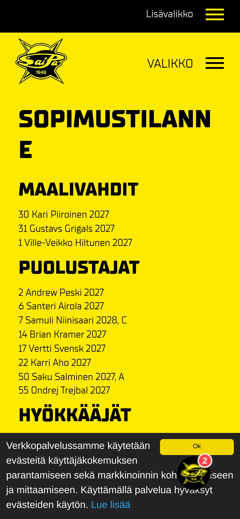 The mobile version uses the same yellow and black color scheme but features a simplified layout with a large hamburger menu icon labeled 'VALIKKO'. The text is stacked vertically, with the 'SOPIMUSTILANNE' headline appearing larger and broken across two lines. A cookie consent banner remains at the bottom of the screen.