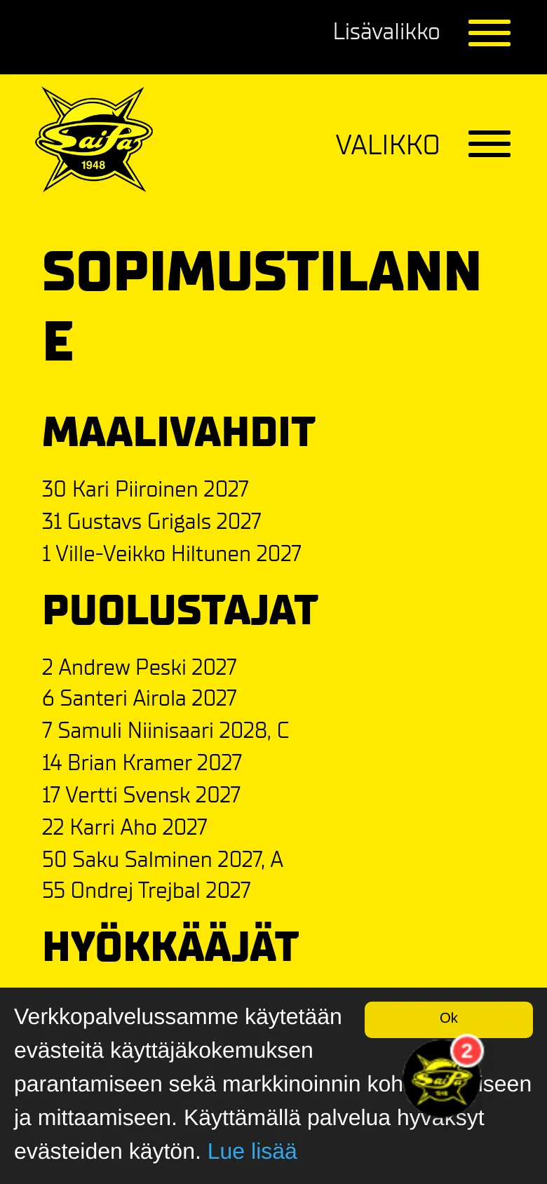 The mobile version uses the same yellow and black color scheme but features a simplified layout with a large hamburger menu icon labeled 'VALIKKO'. The text is stacked vertically, with the 'SOPIMUSTILANNE' headline appearing larger and broken across two lines. A cookie consent banner remains at the bottom of the screen.