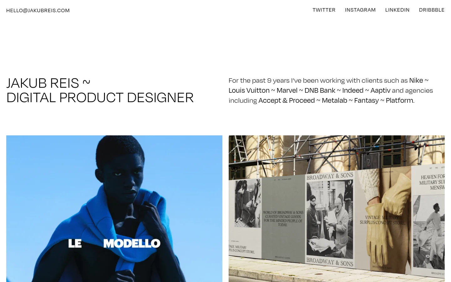 A minimalist portfolio homepage with a white background and black serif typography. The layout features a large headline on the left, a brief professional bio on the right, and a grid of large project imagery below, including a prominent blue-toned portrait for 'Le Modello'. Navigation links for Twitter, Instagram, LinkedIn, and Dribbble are located in the top right corner.