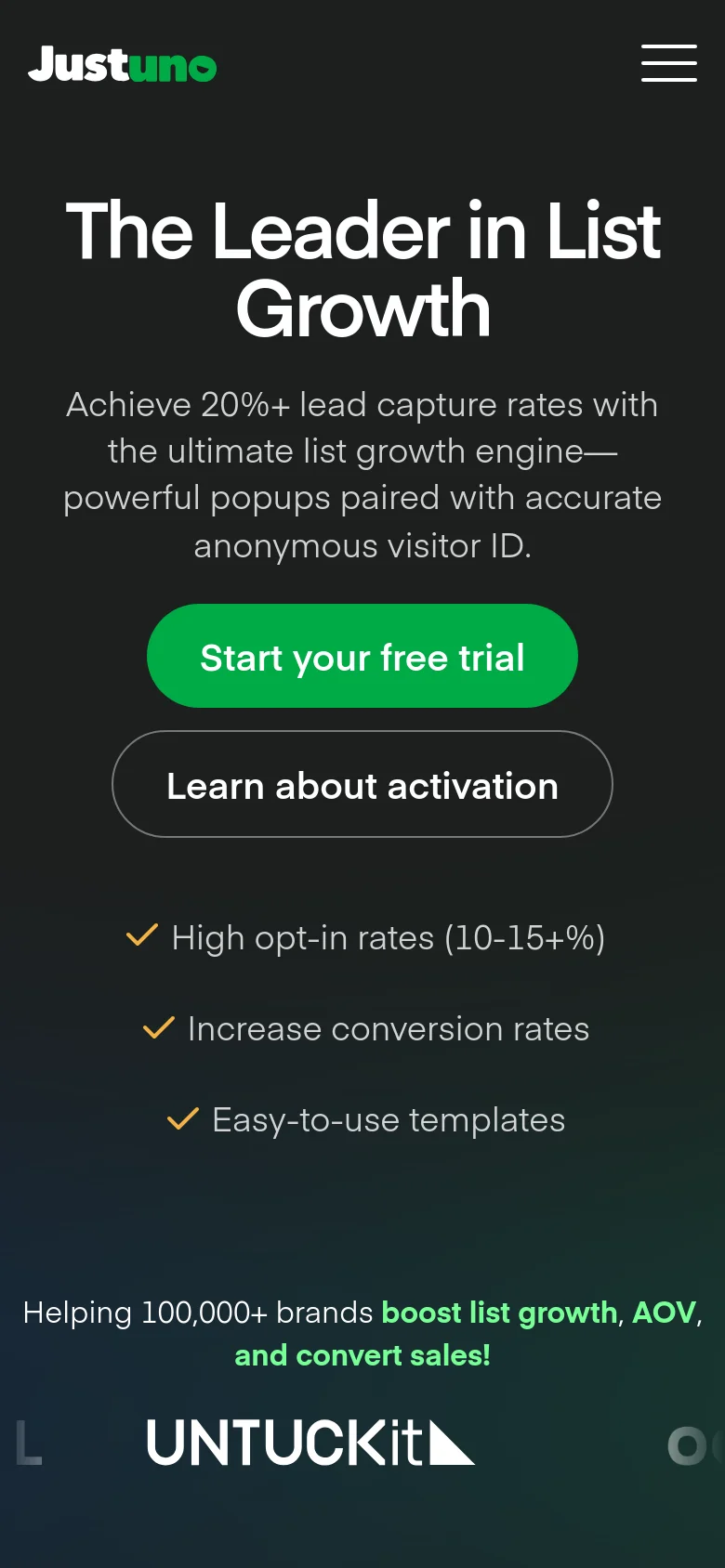 The mobile version presents a vertically stacked layout on a dark background, centering the 'The Leader in List Growth' headline and text. The two call-to-action buttons are large and full-width, followed by a vertical list of benefits and a horizontal row of client logos at the bottom.