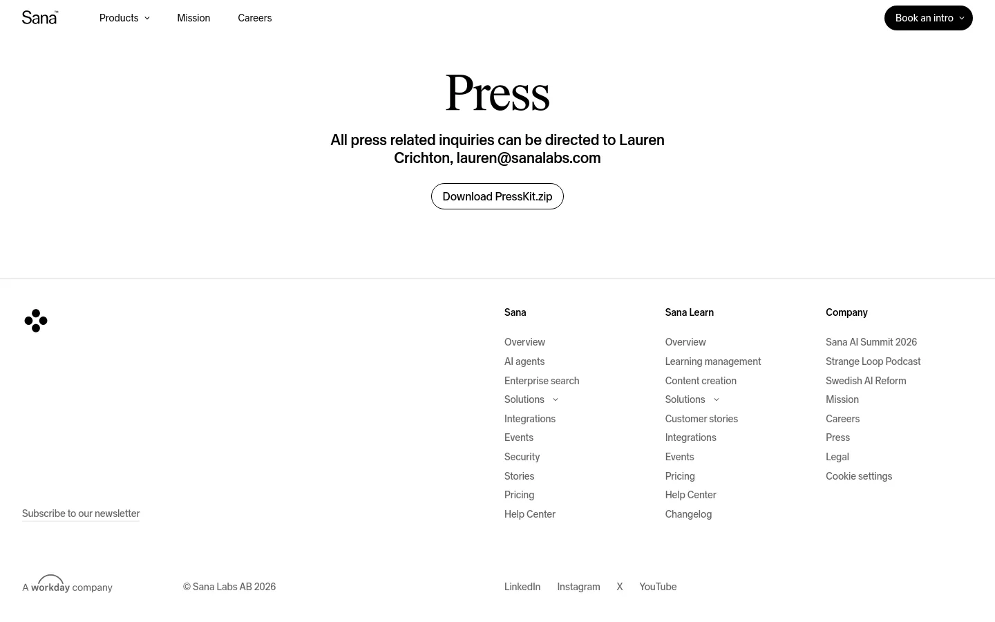 The desktop Press page features a minimalist white background with a centered layout. A large serif headline reads 'Press', followed by contact information for Lauren Crichton and a prominent 'Download PressKit.zip' button. The top navigation includes the Sana logo, product dropdowns, and a 'Book an intro' button, while the footer contains organized site links and social media icons.