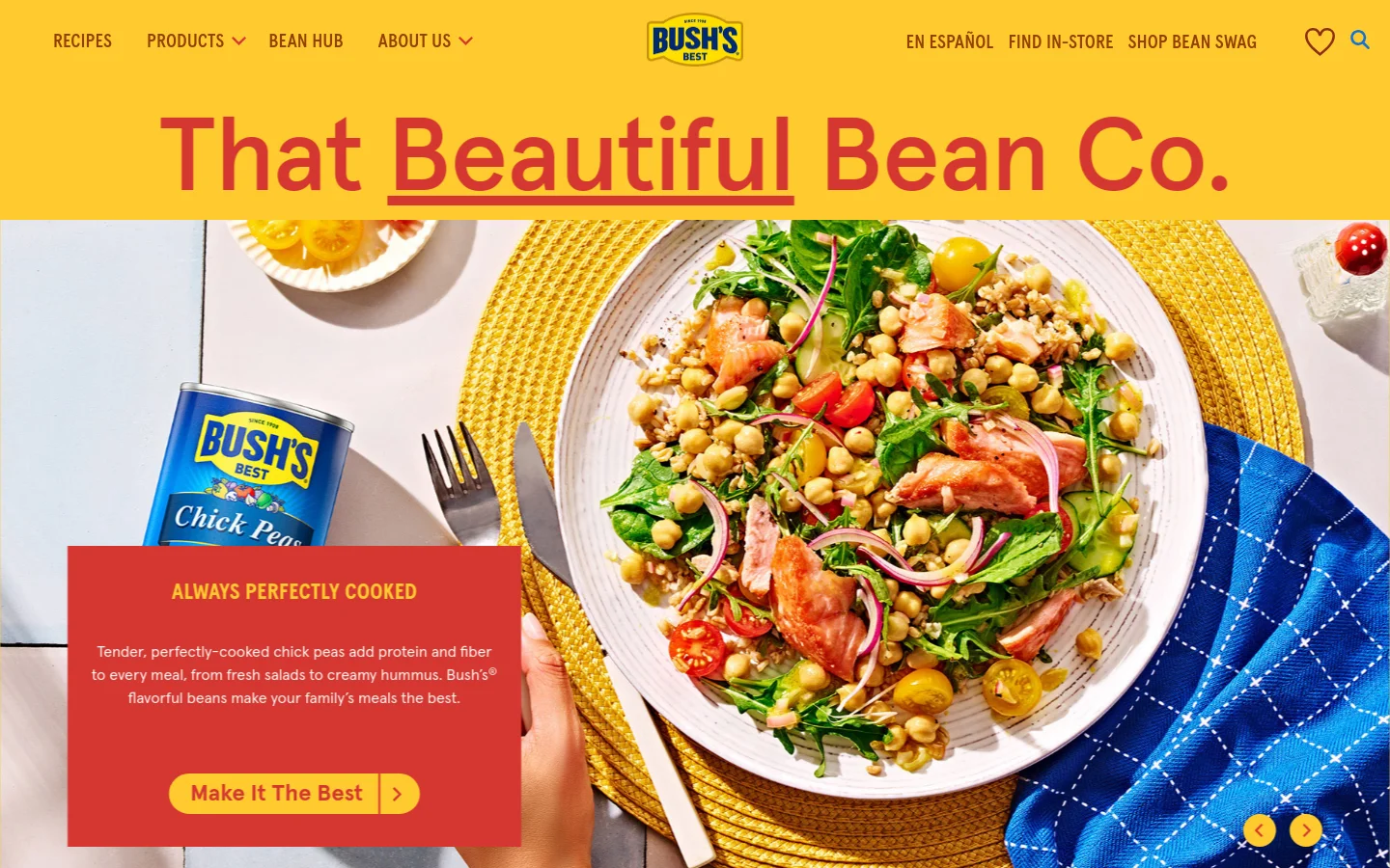 The desktop homepage features a bright yellow header with the Bush's logo and navigation menu. A large hero section displays a Mediterranean Farro & Salmon Salad on a yellow placemat with a blue napkin, overlaid with the headline 'That Beautiful Bean Co.' and a red call-to-action box promoting perfectly cooked chickpeas.