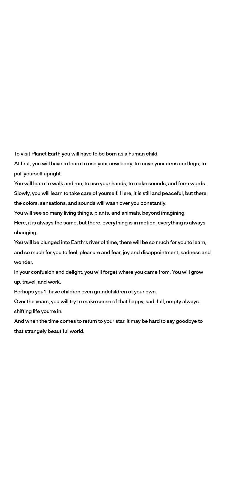 The mobile version maintains the minimalist aesthetic with black text on a white background. The layout is similar to the desktop version but the text is reflowed into a narrower column to fit the vertical screen orientation.