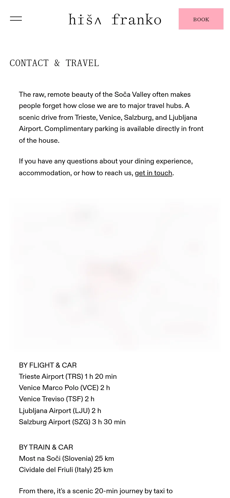 The mobile version presents a vertically stacked layout optimized for small screens. The header contains a hamburger menu icon and a pink 'BOOK' button, followed by the 'CONTACT & TRAVEL' title and text. The map and travel information are scaled down to fit the narrow width of the device.