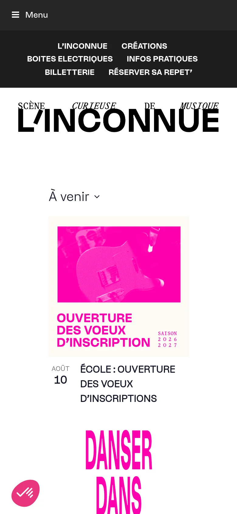 The mobile version presents a vertically stacked layout optimized for small screens. The header features a hamburger menu and the brand logo, followed by a single-column list of event cards. Each card includes a large image, the event date, and the title, with the pink accent color used for interactive elements and highlights.