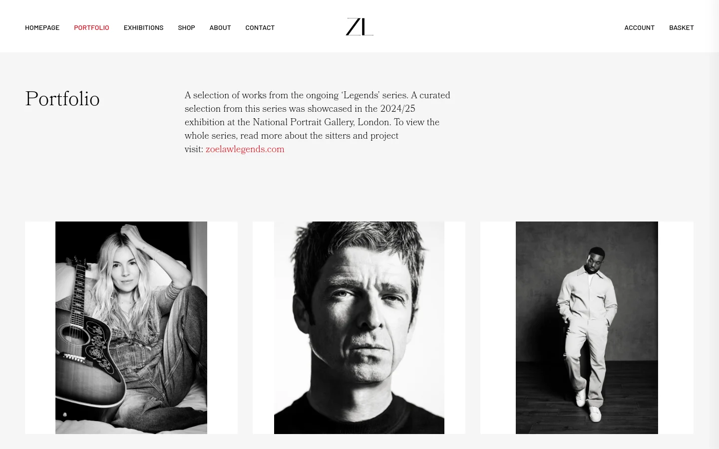 The desktop Portfolio page features a clean, minimalist white layout with a centered navigation menu and logo. A large headline is followed by an introductory paragraph and a multi-column grid of black and white portrait photographs of various individuals.