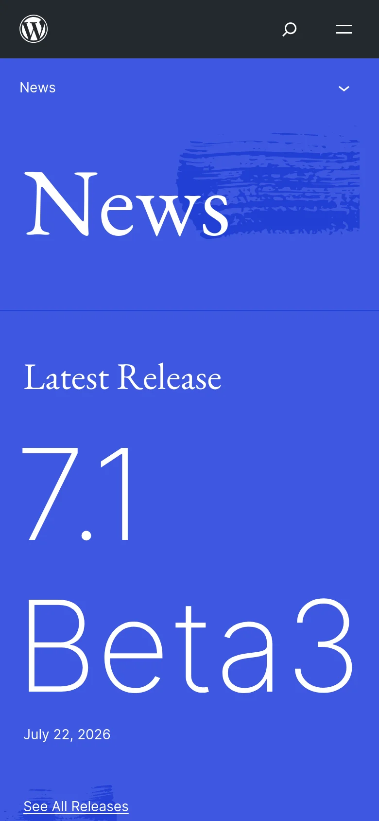 The mobile version presents a single-column vertical layout with a blue header containing the 'News' title and a dropdown menu icon. The hero section displays 'News' in large white text, followed by 'Latest Release' and a prominent '7.1 Beta3' headline with its date, optimized for vertical scrolling.