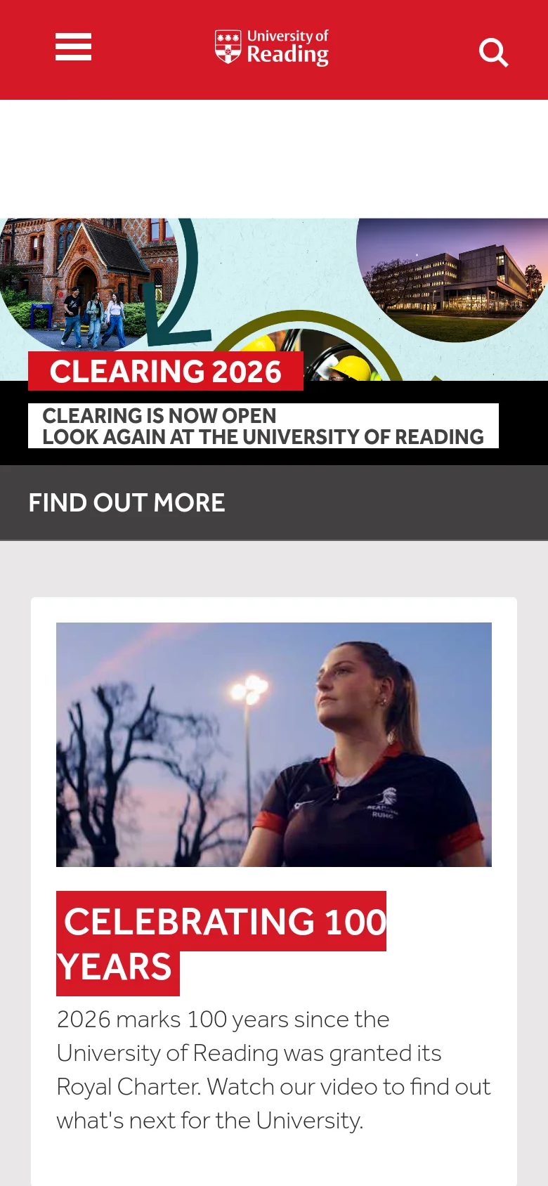 The mobile version features a red header with a hamburger menu icon, the University of Reading logo, and a search icon. Below, a condensed hero banner shows a collage of campus images with the 'CLEARING 2026' headline and a full-width dark grey 'FIND OUT MORE' button.