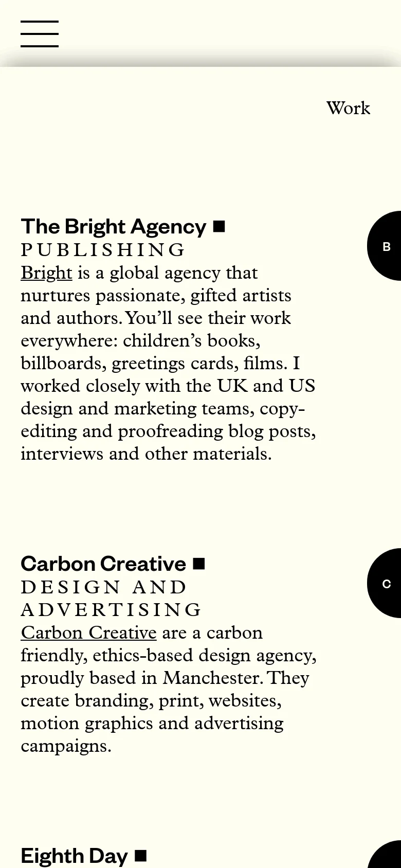 The mobile version simplifies the layout into a single vertical column on a cream background. The wide left margin from the desktop version is replaced by a hamburger menu icon in the top left, and the content is stacked vertically, making the text easier to read on a narrow screen.