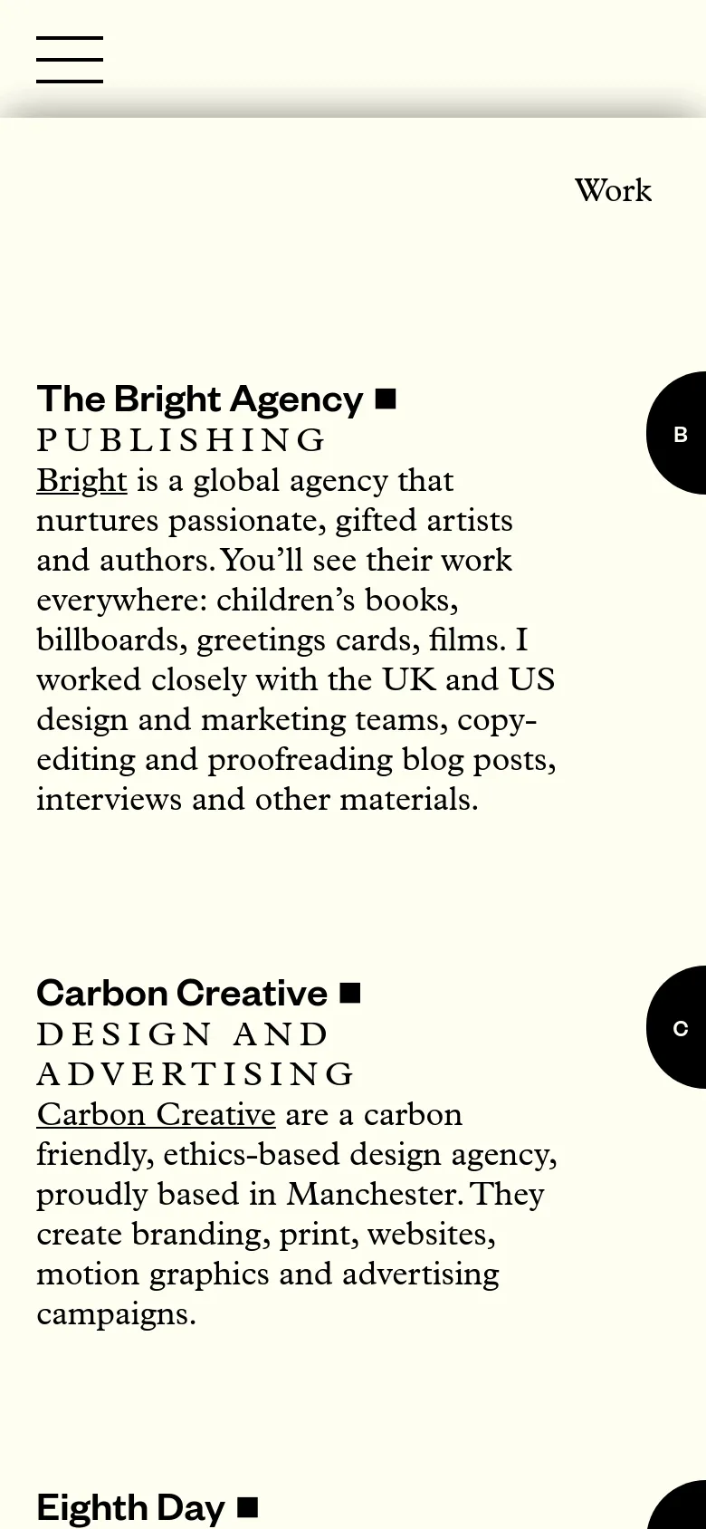 The mobile version simplifies the layout into a single vertical column on a cream background. The wide left margin from the desktop version is replaced by a hamburger menu icon in the top left, and the content is stacked vertically, making the text easier to read on a narrow screen.