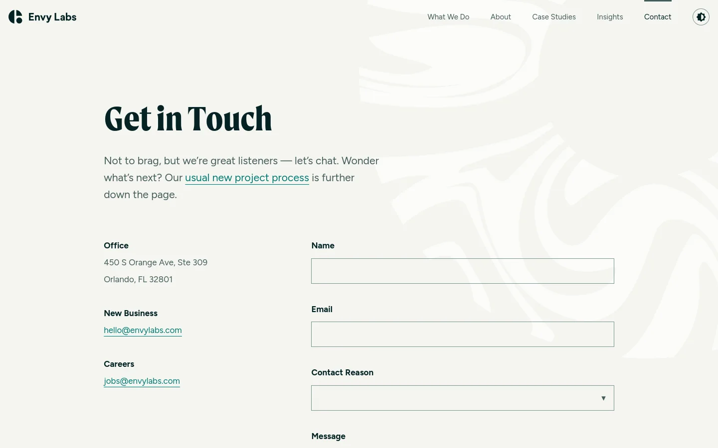 Envy Labs Contact desktop website screenshot