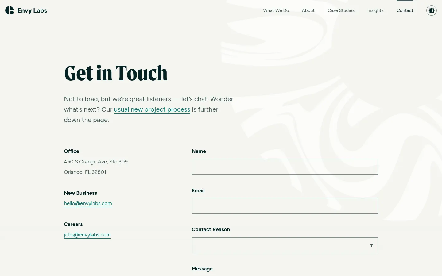 Envy Labs Contact desktop website screenshot