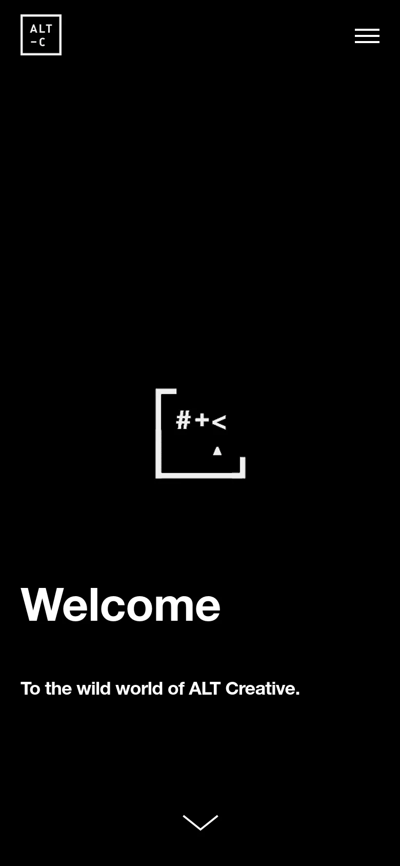 The mobile version maintains the dark theme but simplifies the layout, replacing the top navigation menu with a hamburger icon on the right. The hero section is vertically stacked, featuring a central graphic icon, the headline 'Welcome', and the subheadline 'To the wild world of ALT Creative' above a downward arrow icon.