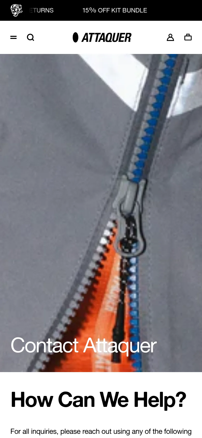 The mobile version presents a vertically stacked layout, starting with a cropped version of the grey jacket hero image and the 'Contact Attaquer' headline. The 'How Can We Help?' section and contact instructions follow below, optimized for a narrow screen with a simplified navigation menu at the top.