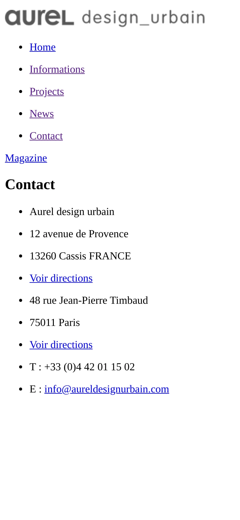The mobile version maintains the minimalist white and black aesthetic but presents the navigation links and contact information in a single-column, vertically stacked layout for easier scrolling. The logo remains at the top, followed by the menu, the 'Contact' heading, and the contact details.