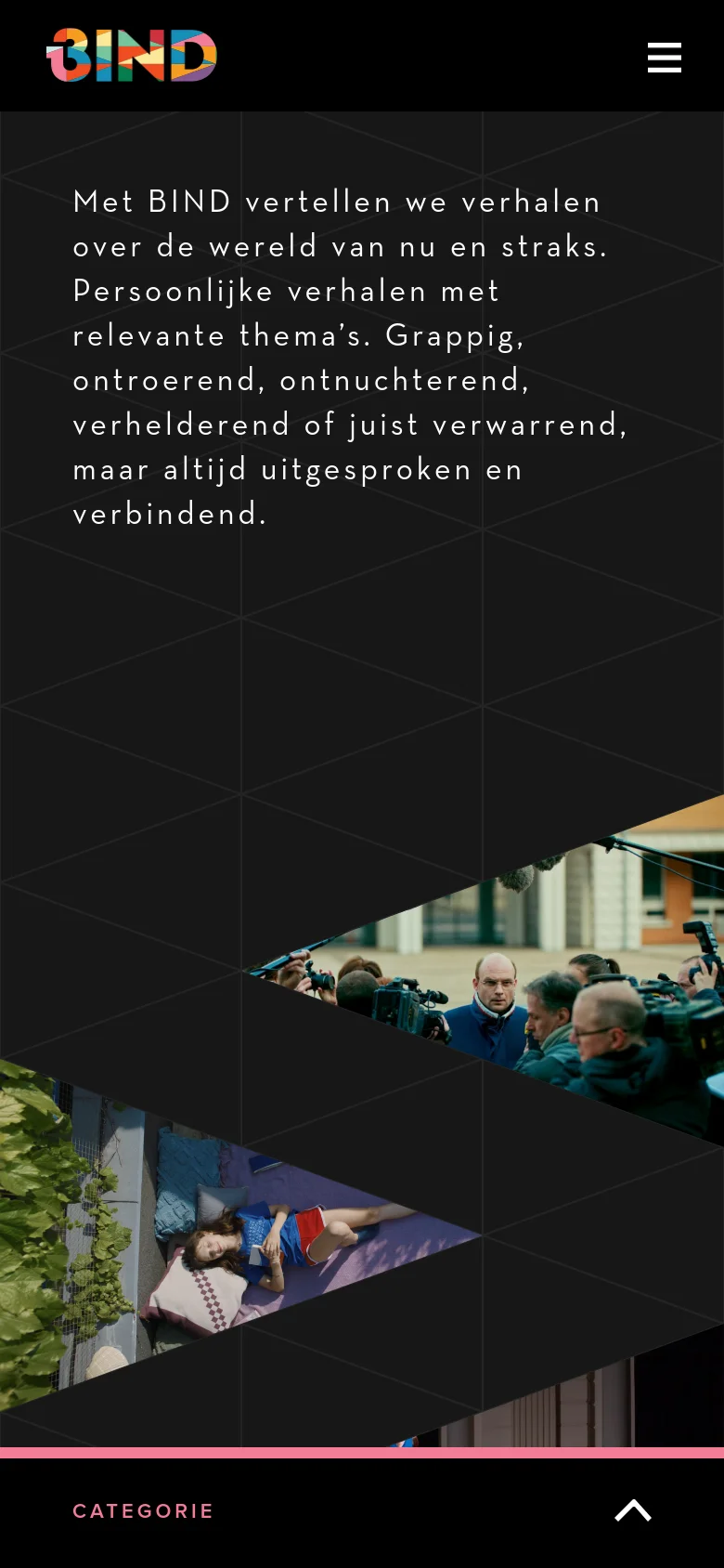 The mobile version presents a simplified vertical layout with the colorful Bind logo at the top and a hamburger menu icon on the right. The central white text is stacked vertically over a dark, geometric background. The triangular image fragments are scaled down to fit the narrow screen width.