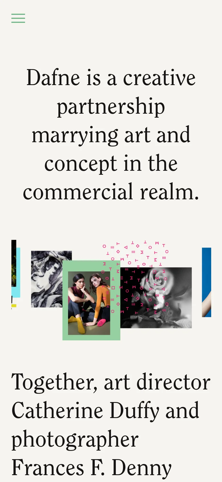 The mobile version presents a simplified vertical layout with a hamburger menu icon in the top left. The large serif introductory text dominates the top of the screen, followed by a scaled-down version of the photographic collage that spans the width of the viewport.
