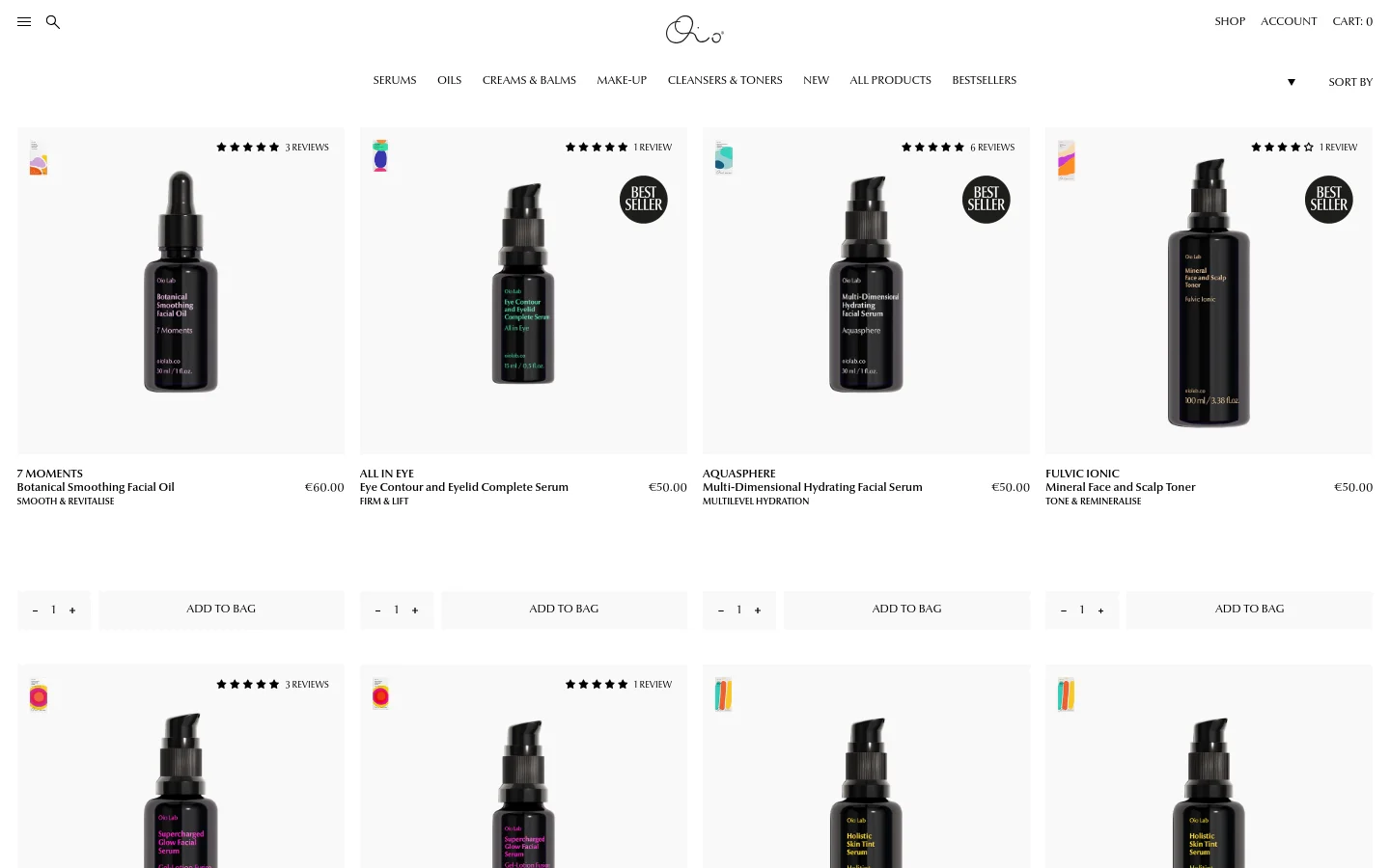 The desktop shop page features a clean, minimalist layout with a white background and black text. A grid of skincare products is displayed, each showing a dark glass bottle, product name, description, price, and an 'Add to Bag' button with quantity selectors. The navigation menu at the top includes links for Serums, Oils, Creams & Balms, Makeup, Cleansers & Toners, New, All Products, and Best Sellers.