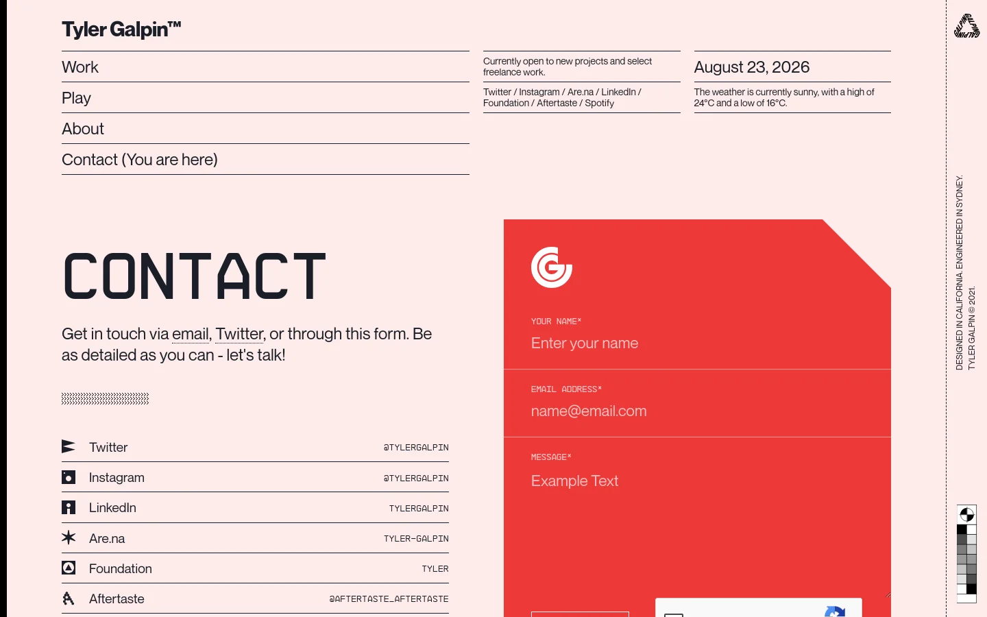 The desktop contact page features a minimalist white background with black typography. A large 'CONTACT' heading is on the left, accompanied by social media links and a contact form set against a bold red geometric block on the right. Navigation links and status information like the date and weather are positioned at the top.