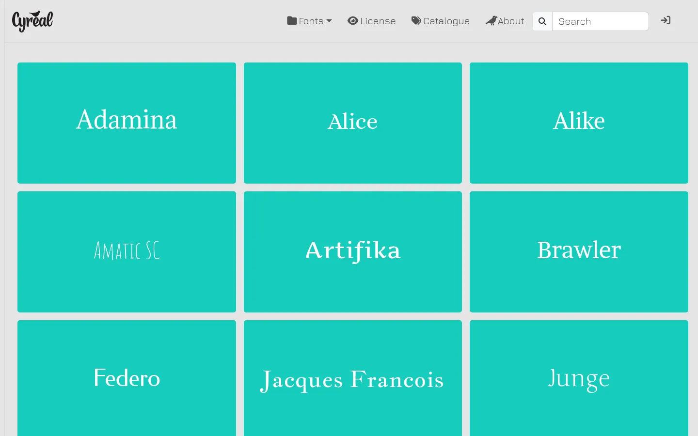 The Cyreal font catalogue displays a grid of large, bright teal rectangular tiles, each featuring the name of a different font in its respective typeface. A white navigation bar at the top includes the Cyreal logo, dropdown menus for Fonts, License, Catalogue, and About, a search bar, and a login icon.