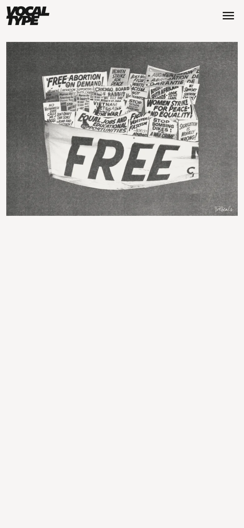 The mobile version simplifies the layout, placing the 'VOCAL TYPE' logo at the top left with a hamburger menu icon on the top right. The large grayscale collage of protest newspaper clippings is centered below the header, spanning the width of the screen.