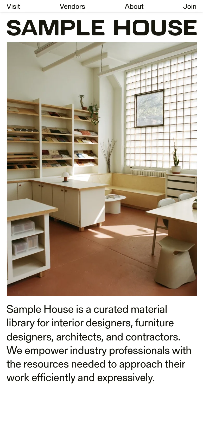 The mobile version presents a vertically stacked layout, beginning with the large 'SAMPLE HOUSE' logo and a full-width hero image of the material library interior. The navigation links are condensed above the logo, and the introductory text follows directly below the main image for easy scrolling.
