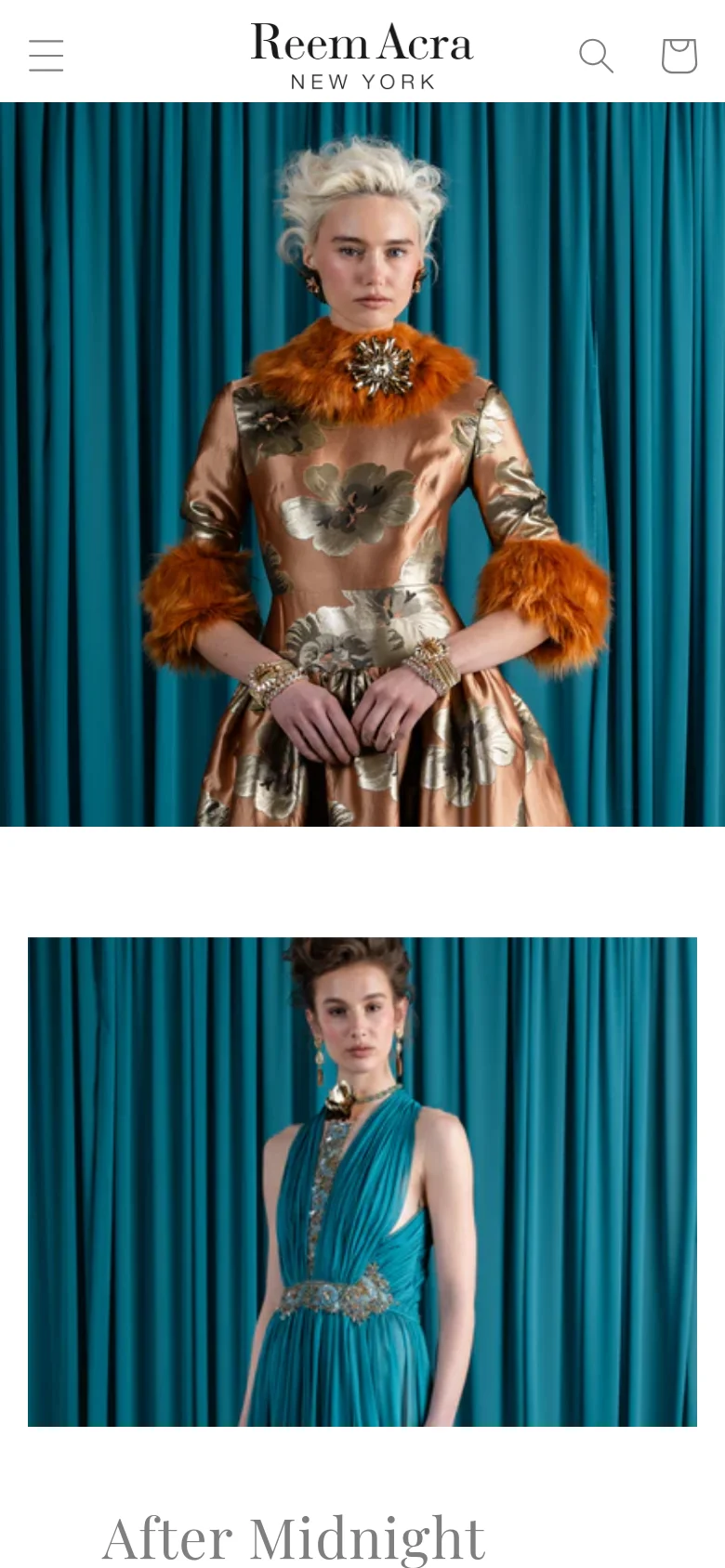 The mobile version features a simplified header with a hamburger menu, the Reem Acra logo, a search icon, and a shopping bag icon. The hero image of the model in the metallic gown is scaled to fit the narrow screen, followed by vertically stacked content sections where images and text for the various collections appear in a single-column scrollable format.