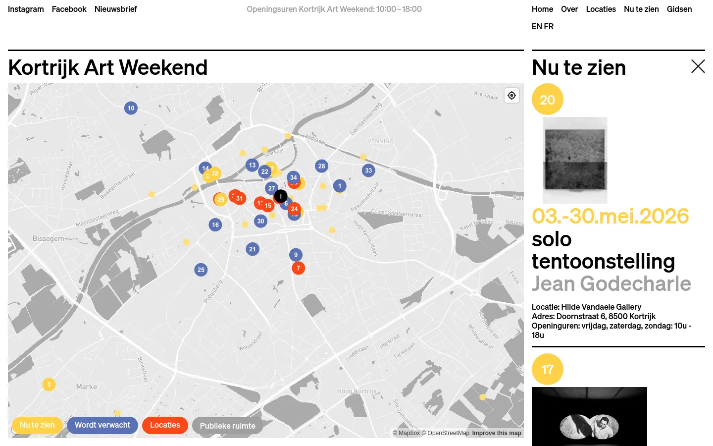 The desktop view features a large interactive map of Kortrijk with colorful location pins, positioned next to a sidebar titled 'Nu te zien'. The sidebar displays a vertical list of art exhibitions, each including a date badge, a thumbnail image, the exhibition title, and location details against a clean white background.