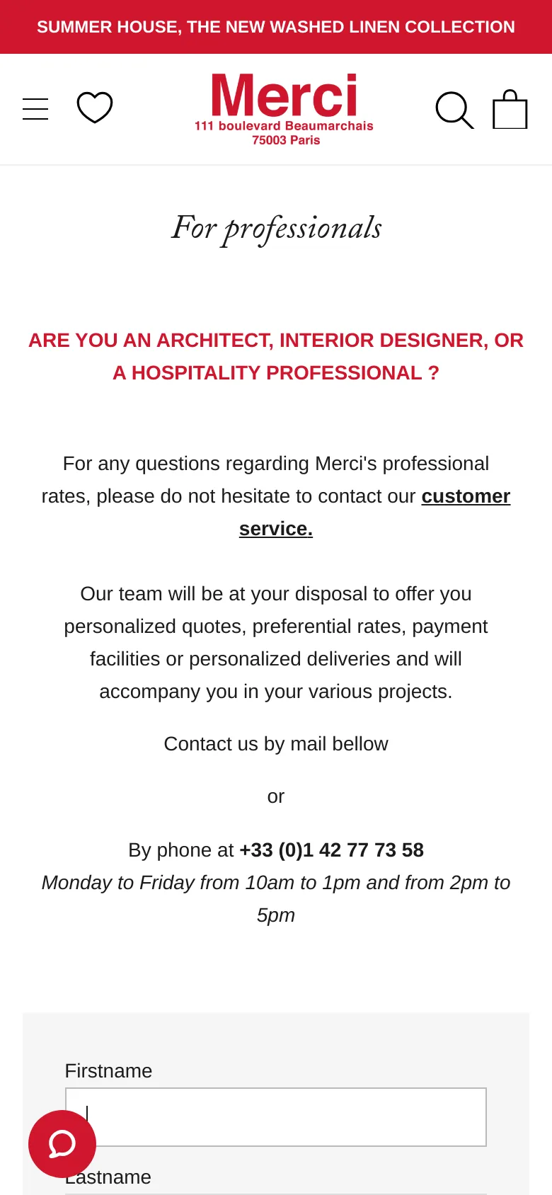 The mobile version presents a vertically stacked layout with the Merci logo and a hamburger menu at the top. The 'For professionals' headline and red subheadline are centered, followed by contact instructions and a phone number. The contact form and a floating red 'Support' chat button are prominent at the bottom of the view.