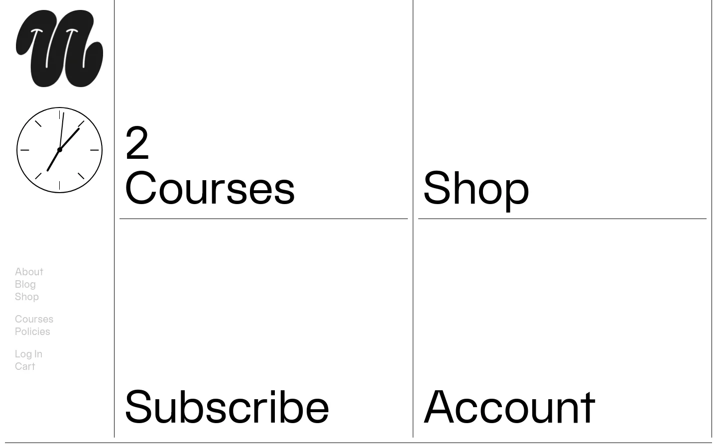The desktop homepage features a minimalist black and white grid layout with large, bold typography. The left sidebar contains a stylized 'u' logo, a clock icon, and navigation links, while the main grid displays large sections for '2 Courses', 'Shop', 'Subscribe', and 'Account'.