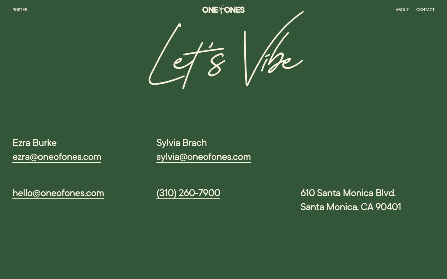 The desktop contact page features a dark forest green background with large, white cursive text reading 'Let's Vibe' in the center. Below this, contact information for Ezra Burke and Sylvia Brach is arranged in columns alongside a general email, phone number, and physical address in Santa Monica. The navigation menu is minimal, located at the top corners of the screen.