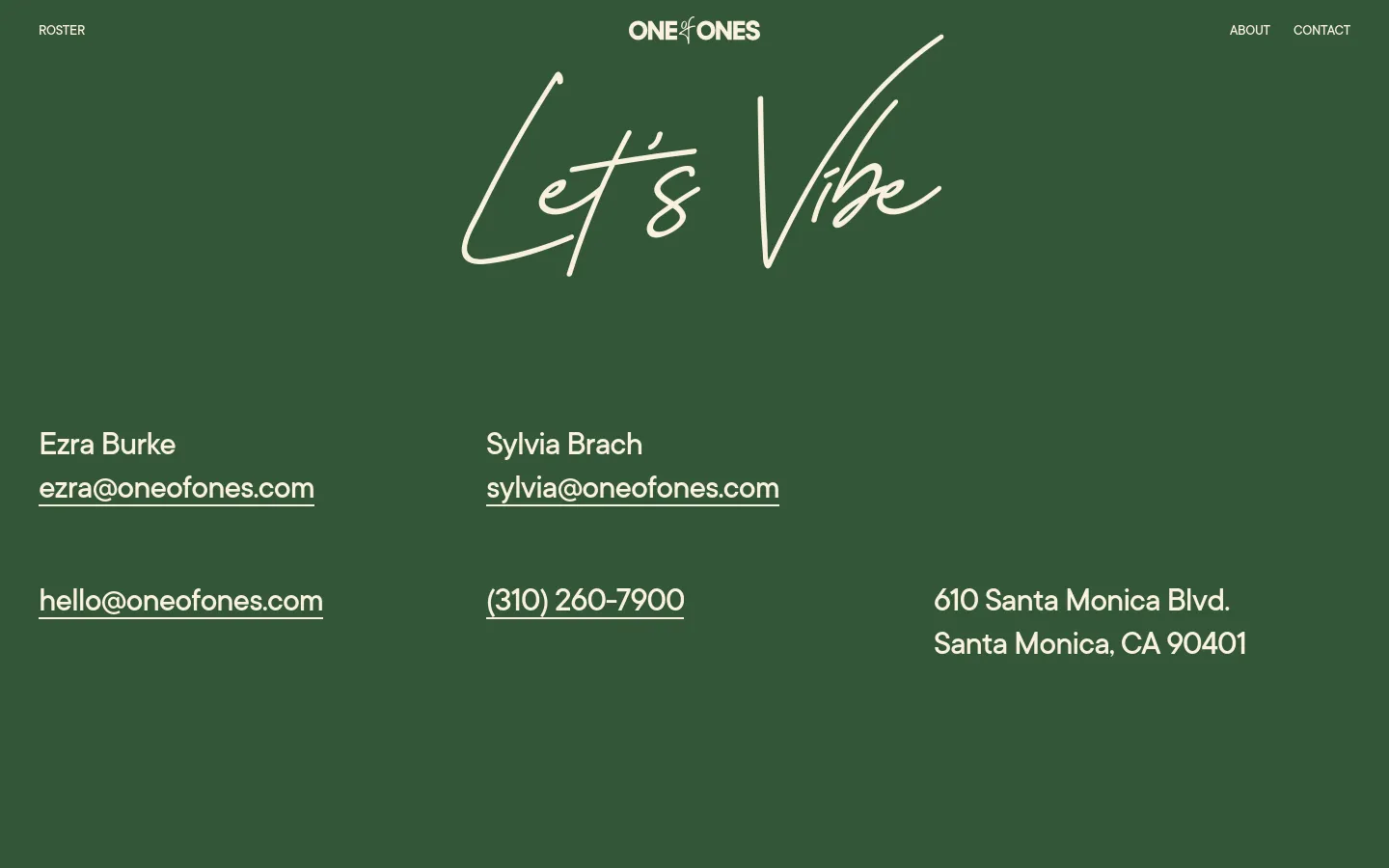 The desktop contact page features a dark forest green background with large, white cursive text reading 'Let's Vibe' in the center. Below this, contact information for Ezra Burke and Sylvia Brach is arranged in columns alongside a general email, phone number, and physical address in Santa Monica. The navigation menu is minimal, located at the top corners of the screen.