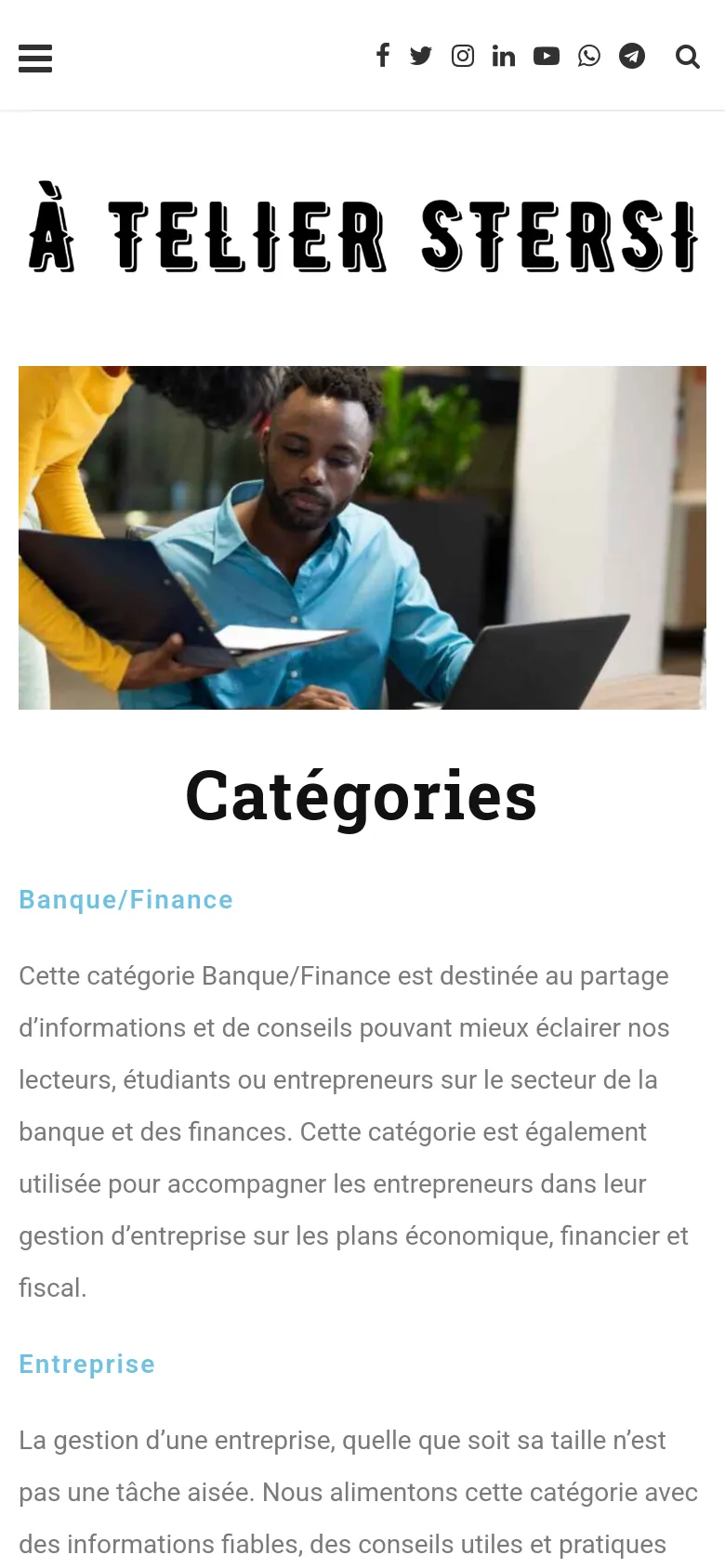 The mobile version presents a simplified vertical layout with a hamburger menu icon on the top left and social media icons on the right. The large stylized logo and hero image are stacked vertically above the 'Catégories' heading, with category descriptions appearing in a single-column scrolling format.