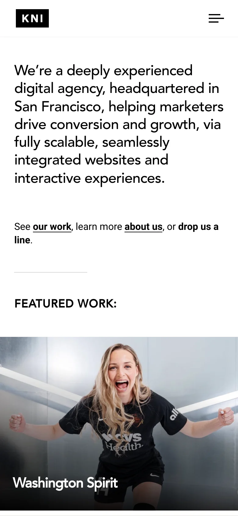 The mobile version uses a simplified layout with a condensed top navigation featuring the KNI logo and a hamburger menu icon. The hero headline is stacked vertically for readability, and the featured work section transitions into a single-column vertical scroll of large project images.