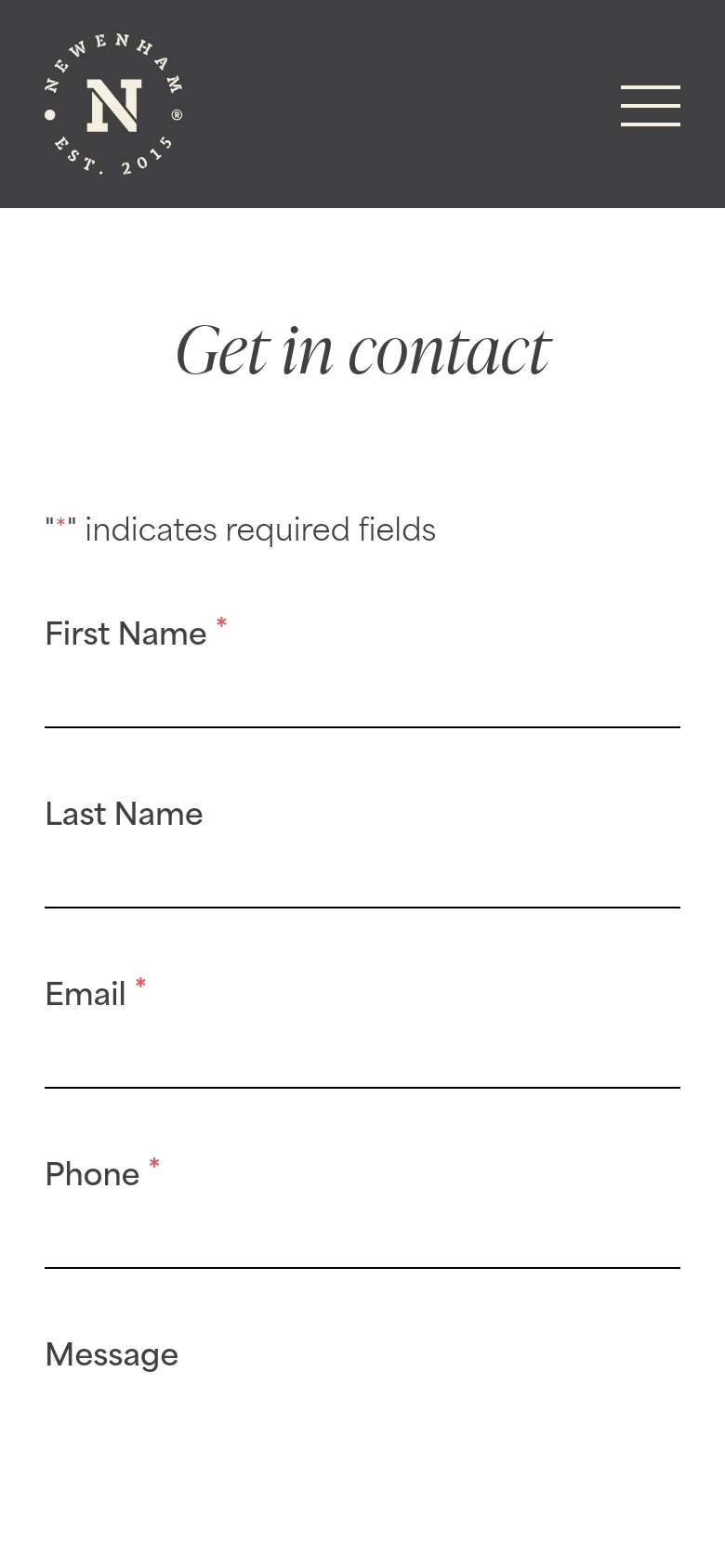 The mobile version simplifies the layout, replacing the horizontal navigation bar with a hamburger menu icon on the right of the dark grey header. The Newenham logo remains on the left. The central content remains a white page with the 'Get in contact' serif headline and a single-column contact form where input fields are stacked vertically for easier scrolling.