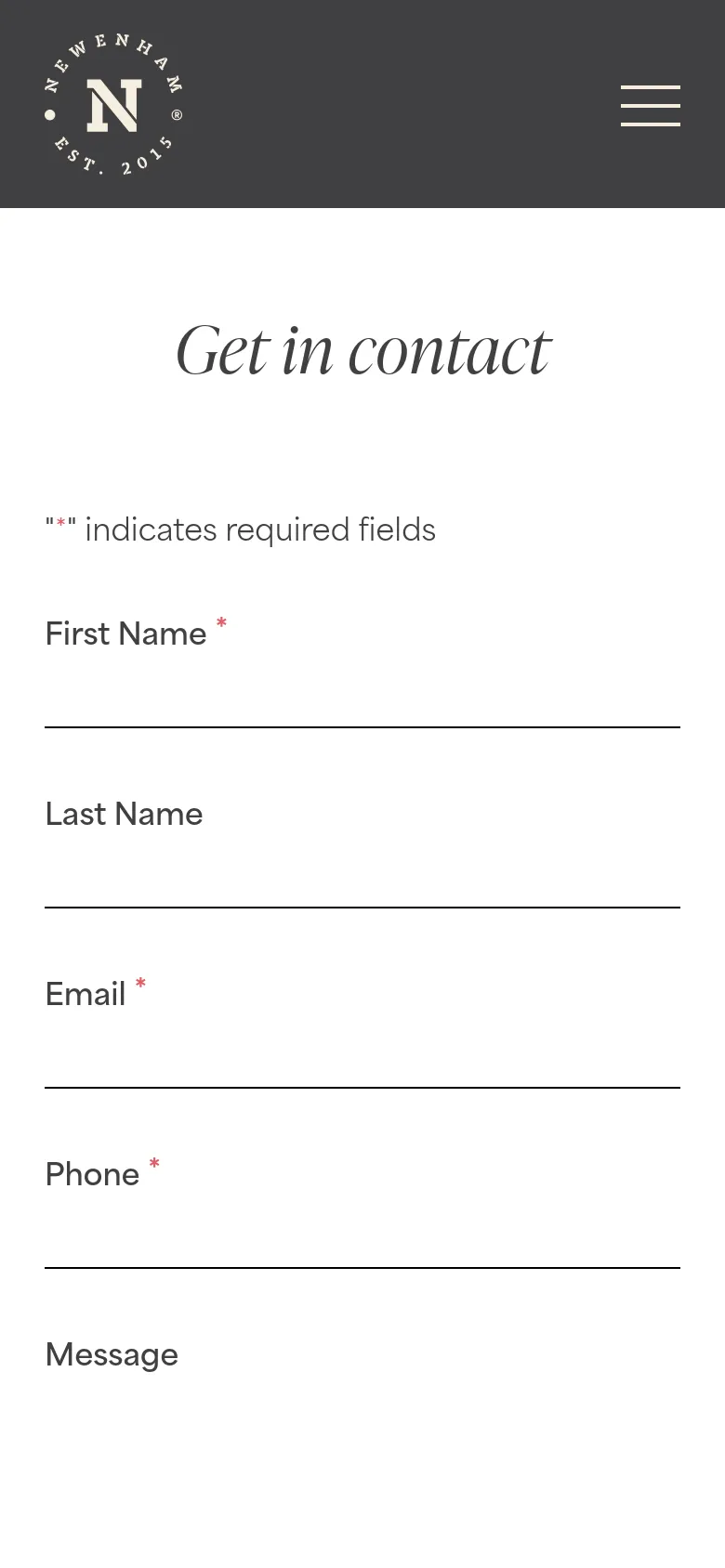The mobile version simplifies the layout, replacing the horizontal navigation bar with a hamburger menu icon on the right of the dark grey header. The Newenham logo remains on the left. The central content remains a white page with the 'Get in contact' serif headline and a single-column contact form where input fields are stacked vertically for easier scrolling.
