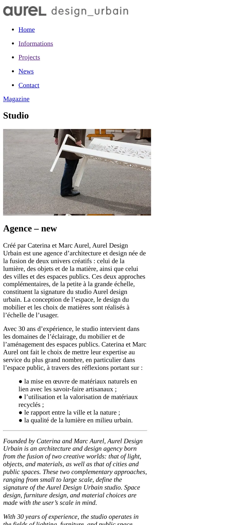 The mobile version presents a simplified vertical layout with the logo and navigation links stacked at the top. The 'Studio' section features the same landscape image of the patterned bench, but it is scaled to fit the narrower screen width. The text content follows below, maintaining the same typography and structure as the desktop version but optimized for vertical scrolling.