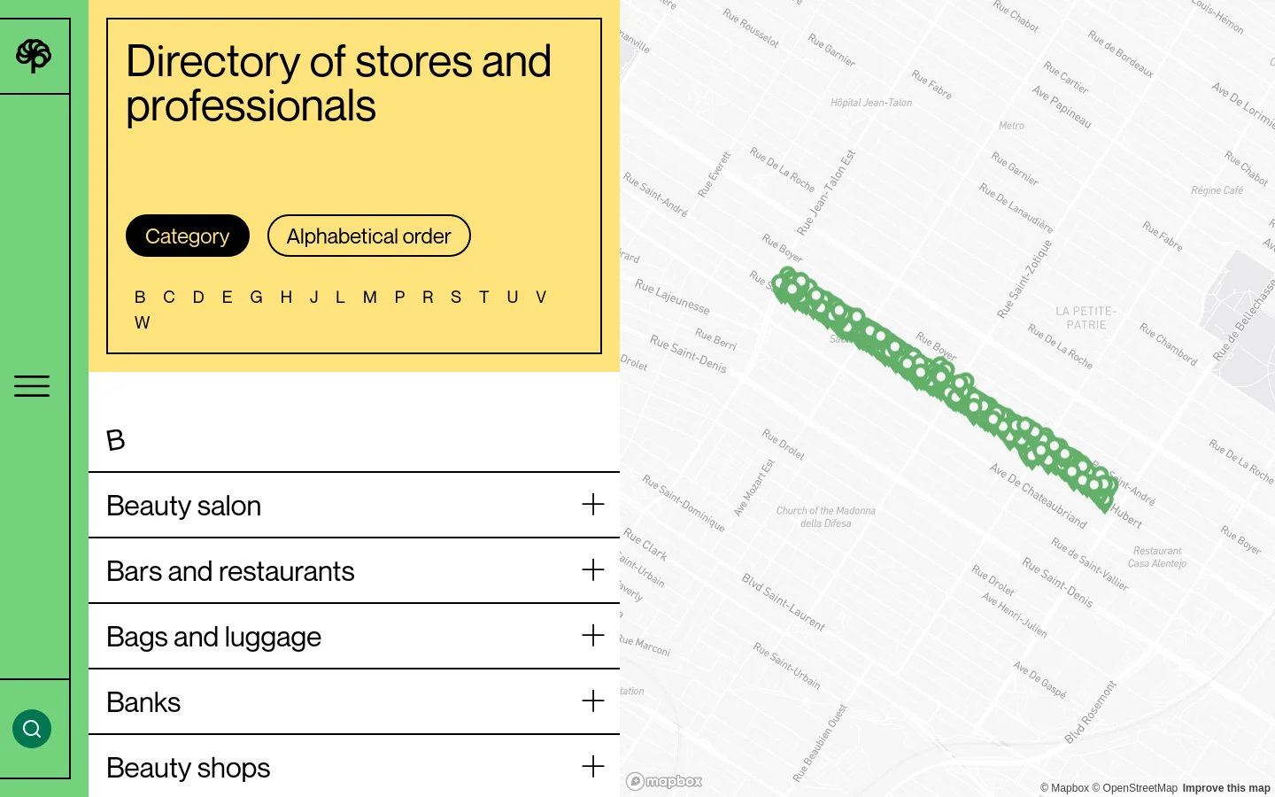 The desktop version features a wide layout with a green sidebar on the left containing a logo, menu, and search icon. A large yellow hero section contains the headline 'Directory of stores and professionals' with buttons to sort by Category or Alphabetical order, followed by an alphabetical navigation bar. Below, a list of business categories like 'Beauty salon' and 'Bars and restaurants' is displayed with expandable plus icons, set against a light gray background with a map visible on the right.