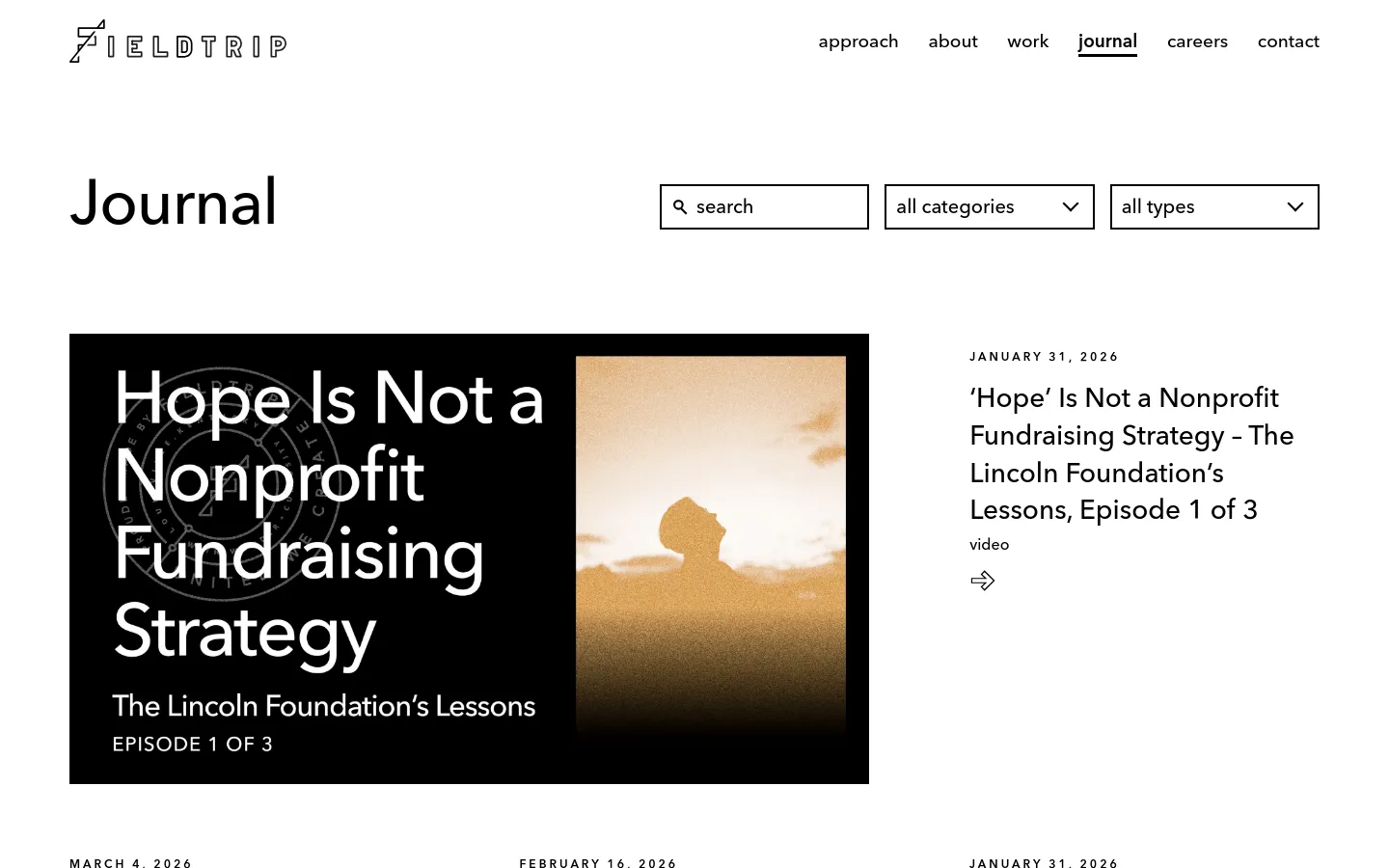 The Journal page features a clean, minimalist layout with a white background and black text. A large 'Journal' heading is followed by a search bar and two dropdown filters for categories and types. Below, a featured article displays a large hero image with text overlaying a graphic and a silhouette, alongside a bold headline and a 'video' tag.