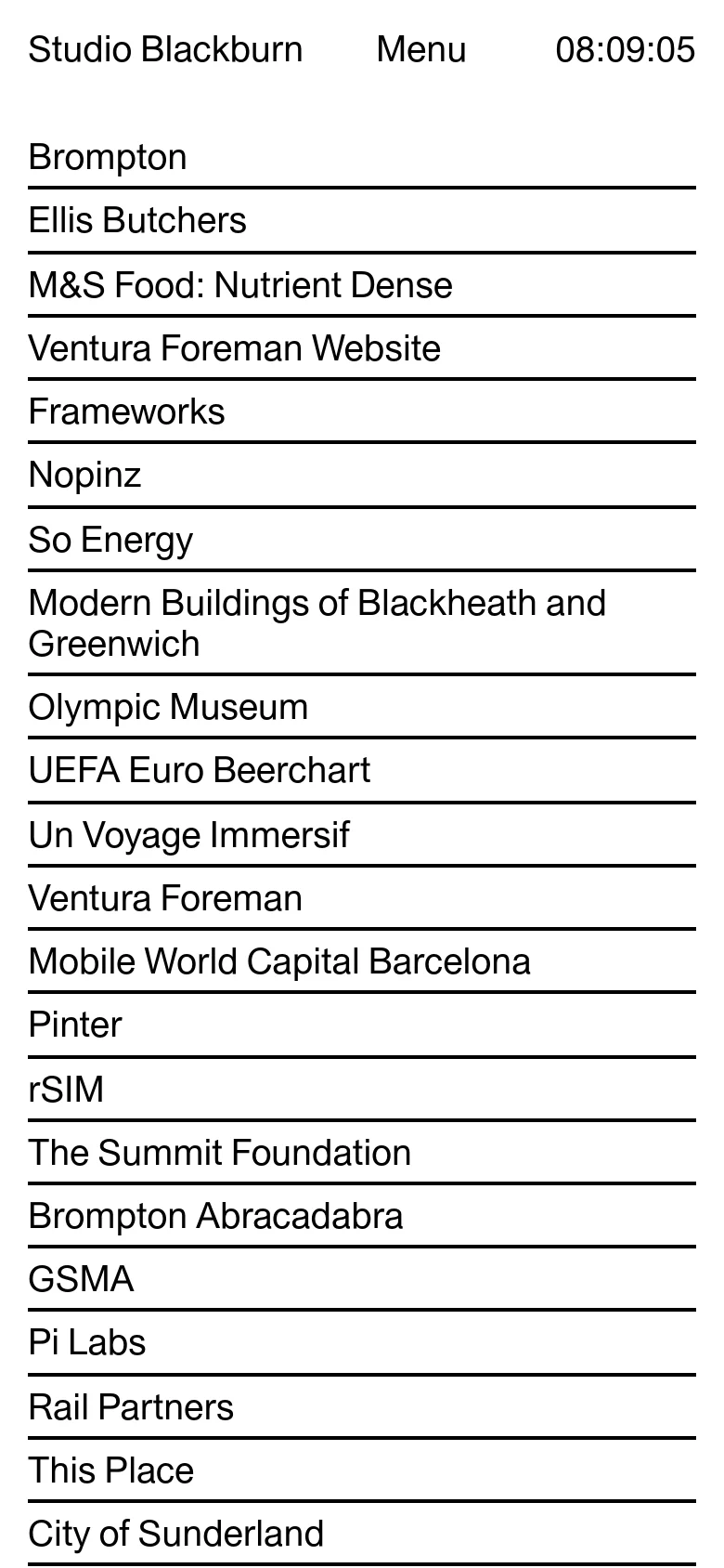 The mobile version simplifies the layout into a single-column vertical list of project names separated by thin black horizontal lines. The header is condensed, featuring the agency name, a 'Menu' button, and the digital clock, providing a streamlined scrolling experience for smaller screens.