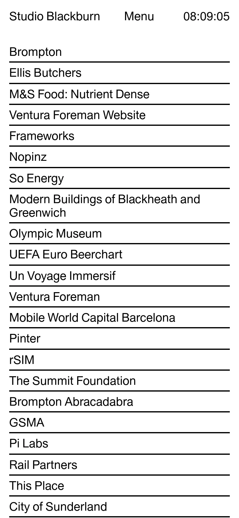 The mobile version simplifies the layout into a single-column vertical list of project names separated by thin black horizontal lines. The header is condensed, featuring the agency name, a 'Menu' button, and the digital clock, providing a streamlined scrolling experience for smaller screens.