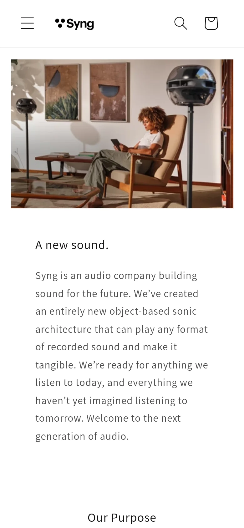 The mobile version stacks the content vertically, placing the hero image of the person in the living space at the top, followed by the 'A new sound.' headline and descriptive text below. The navigation is condensed into a hamburger menu and a centered logo, maintaining the clean, high-contrast aesthetic of the desktop site.