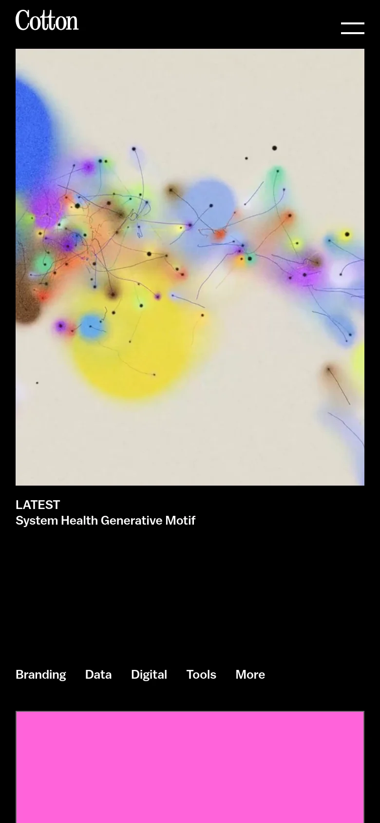 The mobile version simplifies the layout into a single-column vertical scroll. The large hero image is scaled down, and the category navigation is presented as a horizontal list. The project grid transitions from multiple columns to a stacked single-column view for easier scrolling on small screens.