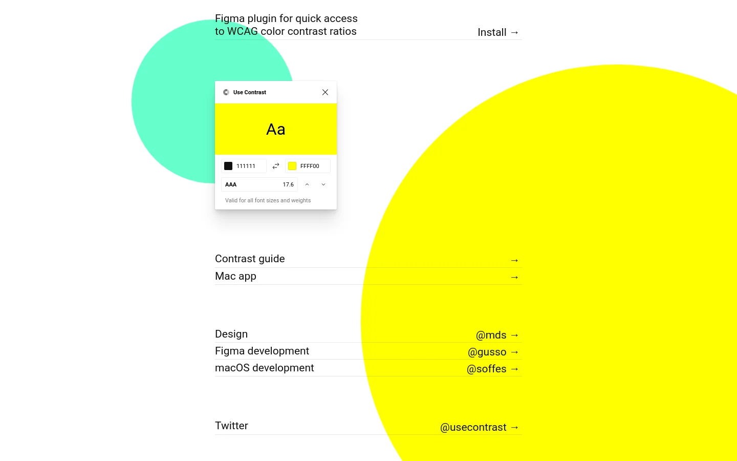 The desktop homepage features a minimalist design with a large, bright yellow circular shape on a white background. A headline reads 'Figma plugin for quick access to WCAG color contrast ratios' next to an 'Install' link, with a floating UI window showing a contrast check between black and yellow text. Navigation links for Contrast guide, Mac app, Design, Figma development, and macOS development are listed vertically with arrows.