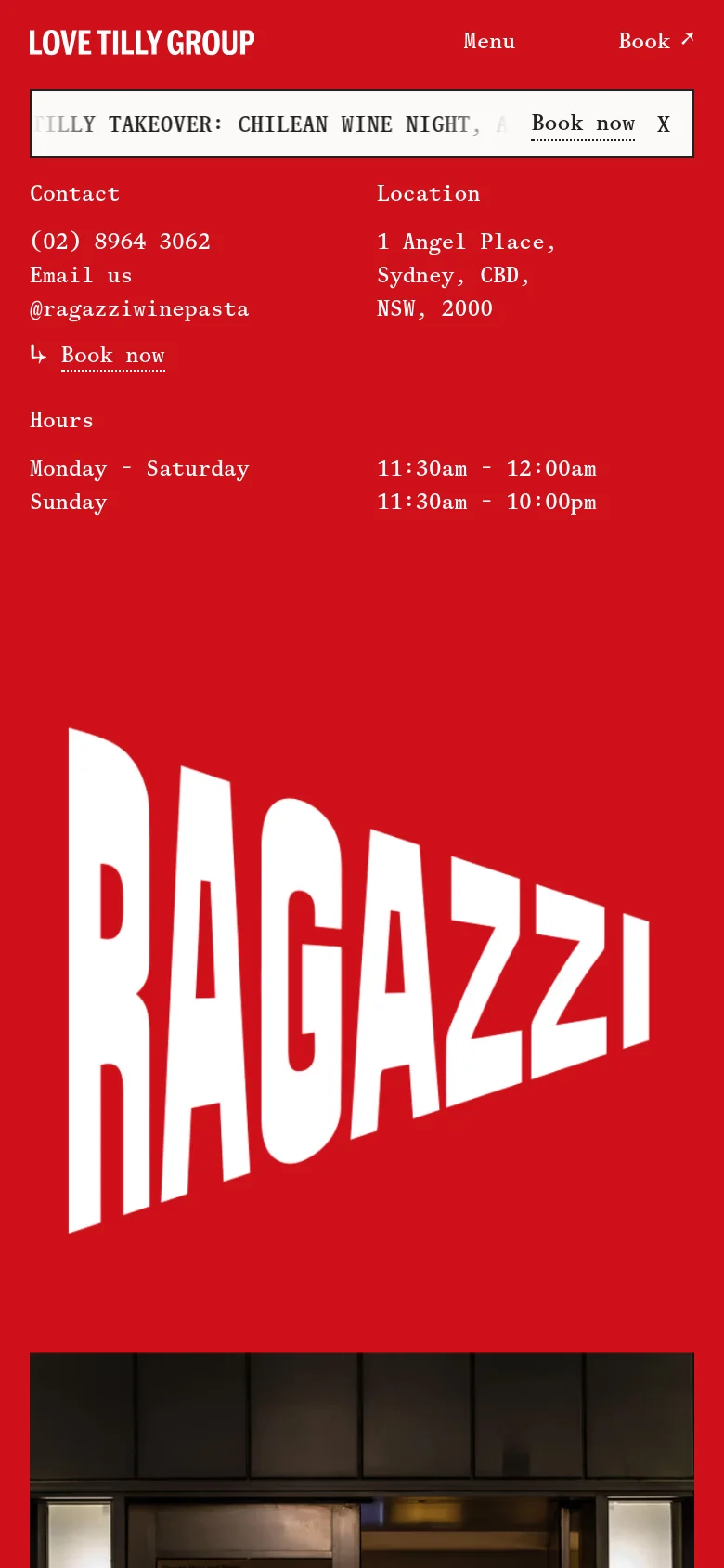The mobile version uses a vertical layout optimized for small screens, dominated by the large white 'RAGAZZI' logo on a bright red background. The contact information, location, and operating hours are stacked vertically for easy scrolling. A prominent white banner at the top advertises a wine night with a 'Book now' button.