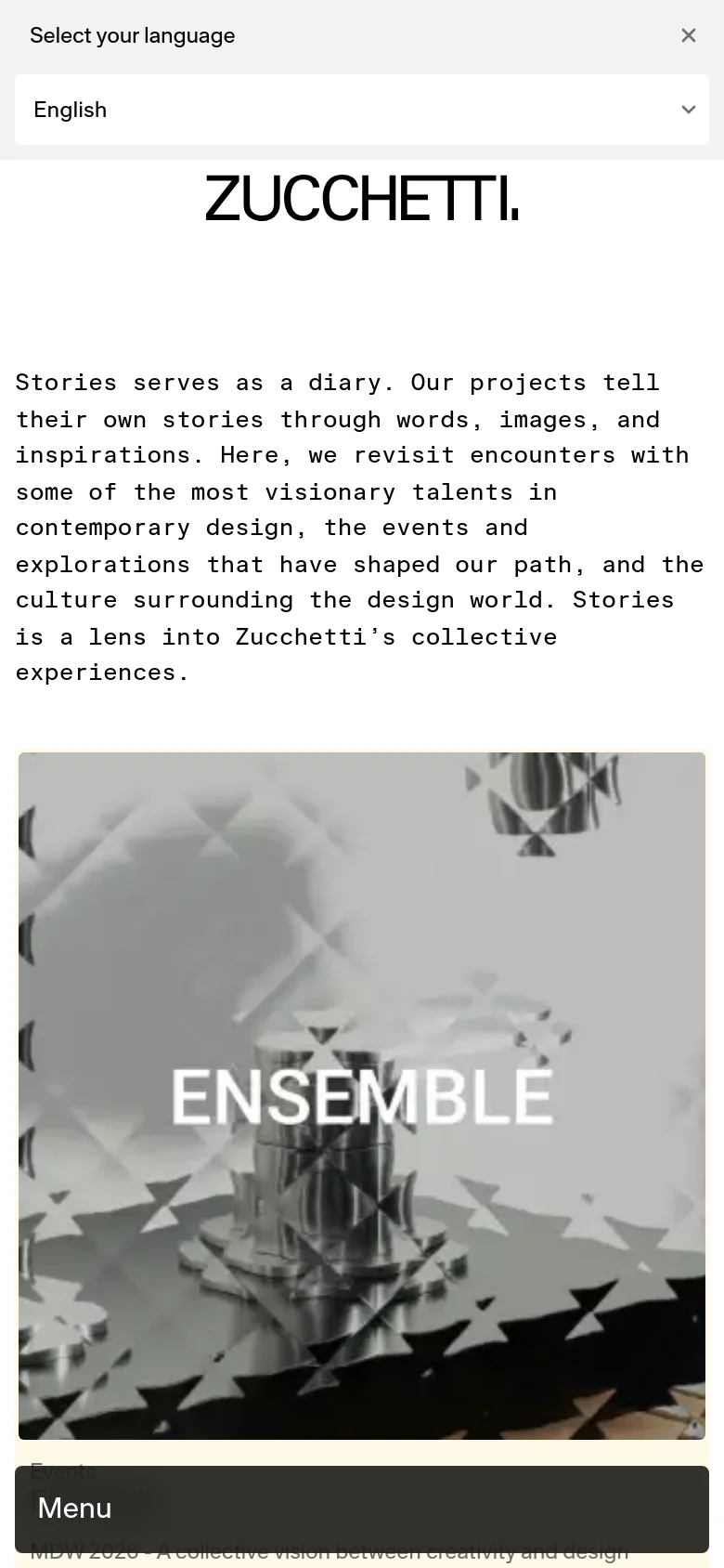 The mobile version presents a single-column vertical layout, focusing on large, full-width imagery for each story entry to ensure readability on small screens. The introductory text is centered at the top, followed by a stacked list of image cards, and a prominent dark 'Menu' button is fixed at the bottom of the viewport.