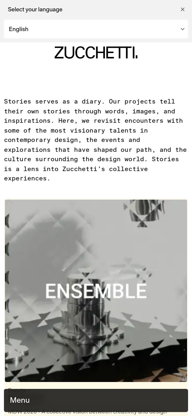 The mobile version presents a single-column vertical layout, focusing on large, full-width imagery for each story entry to ensure readability on small screens. The introductory text is centered at the top, followed by a stacked list of image cards, and a prominent dark 'Menu' button is fixed at the bottom of the viewport.