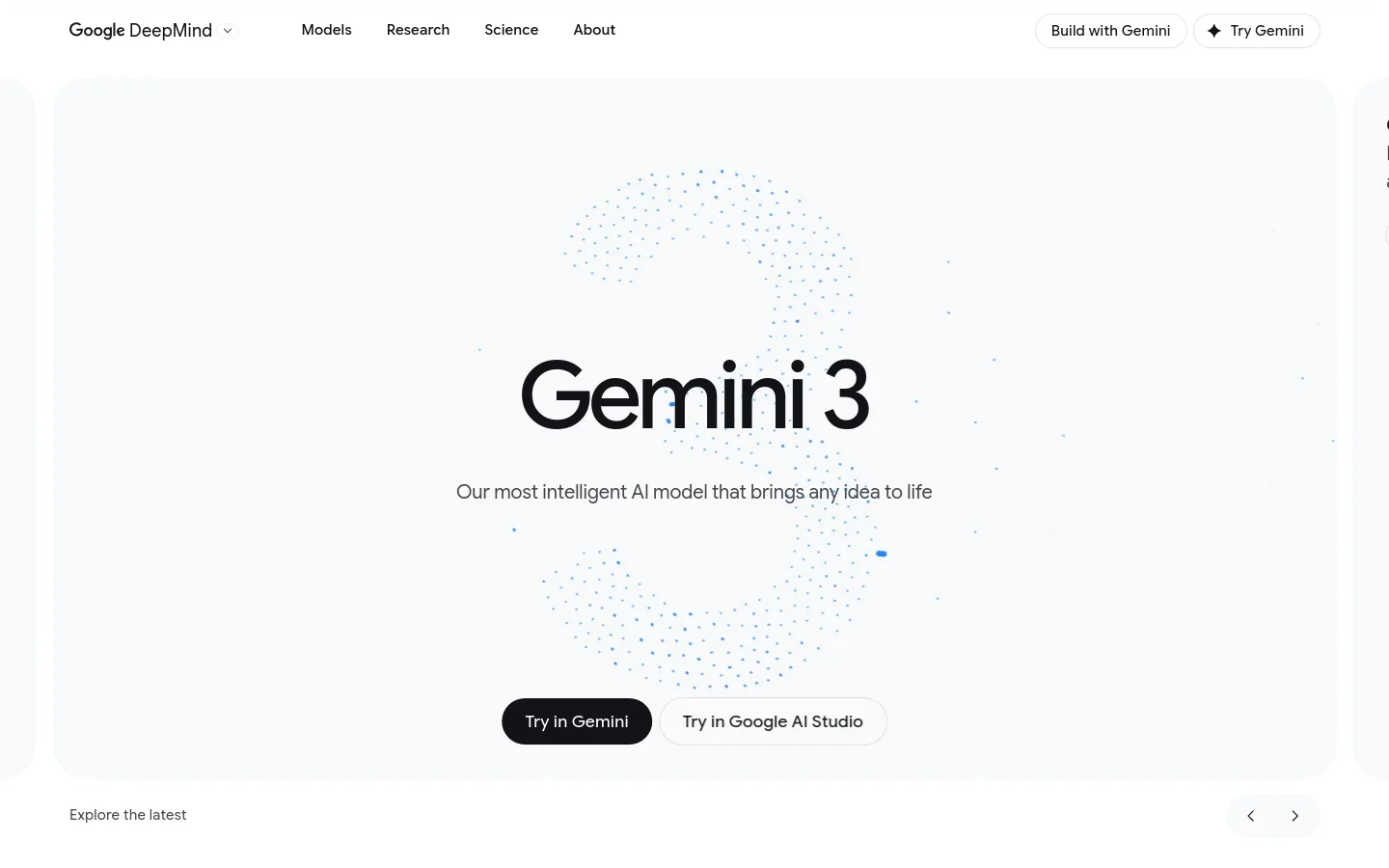 The desktop landing page for Gemini 3 features a minimalist white background with a large, abstract blue stippled circle pattern. The central headline reads 'Gemini 3' followed by the subheadline 'Our most intelligent AI model that brings any idea to life.' Two prominent buttons, 'Try in Gemini' in black and 'Try in Google AI Studio' in white, are centered below the text.