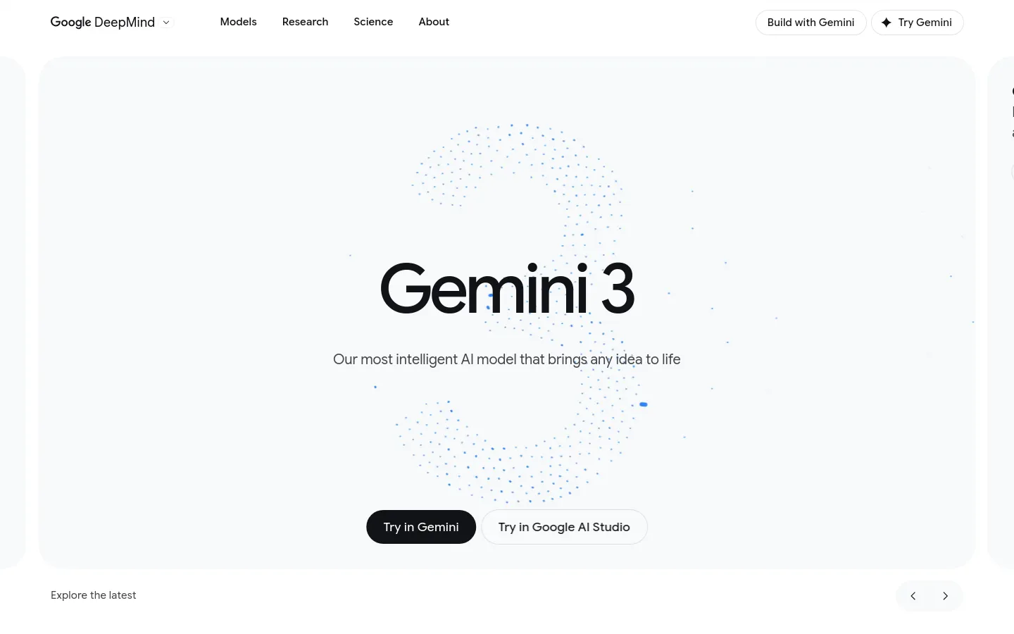 The desktop landing page for Gemini 3 features a minimalist white background with a large, abstract blue stippled circle pattern. The central headline reads 'Gemini 3' followed by the subheadline 'Our most intelligent AI model that brings any idea to life.' Two prominent buttons, 'Try in Gemini' in black and 'Try in Google AI Studio' in white, are centered below the text.